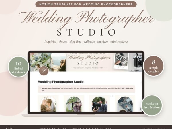 Wedding Photographer Studio Notion template dashboard