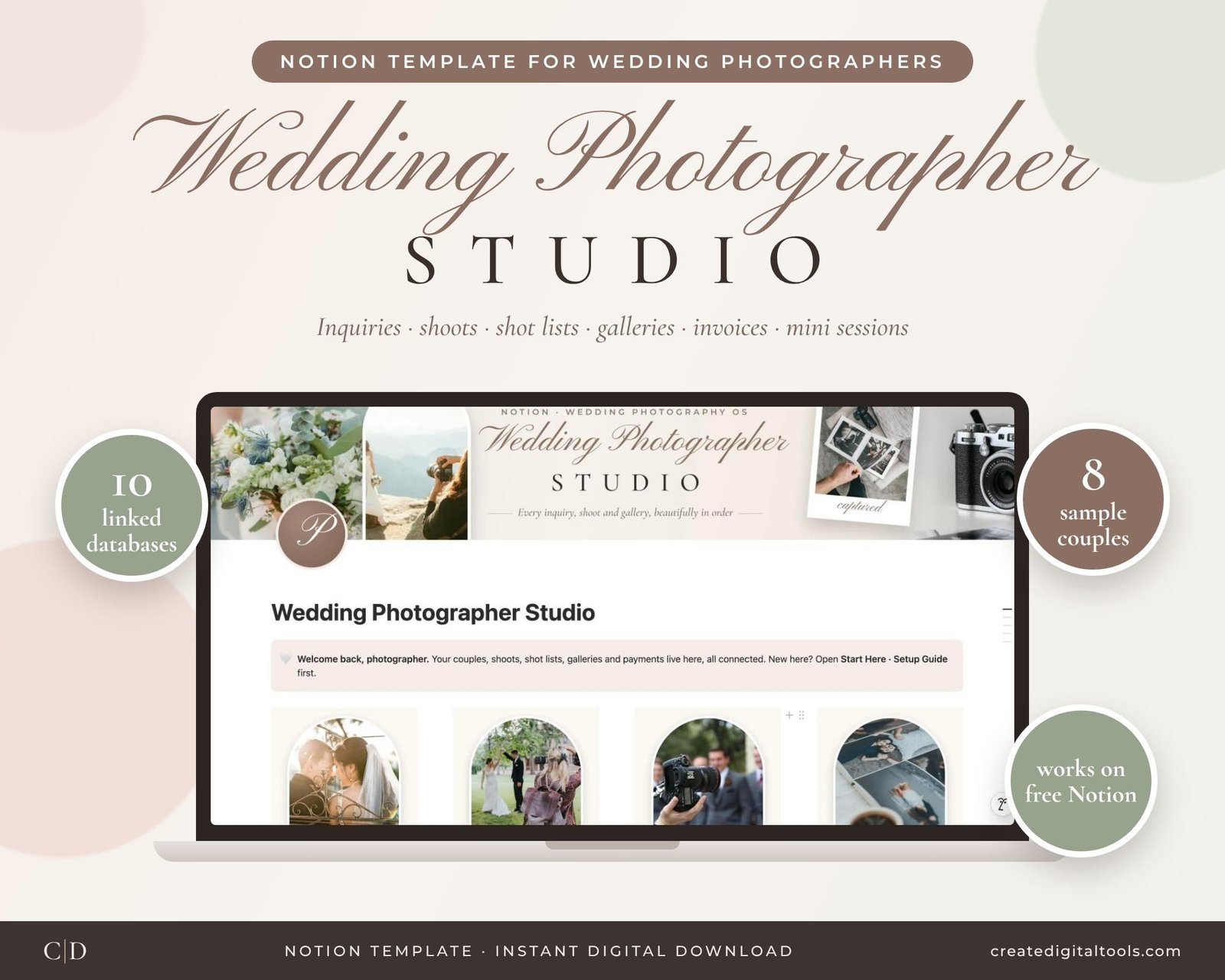 Wedding Photographer Studio Notion template dashboard