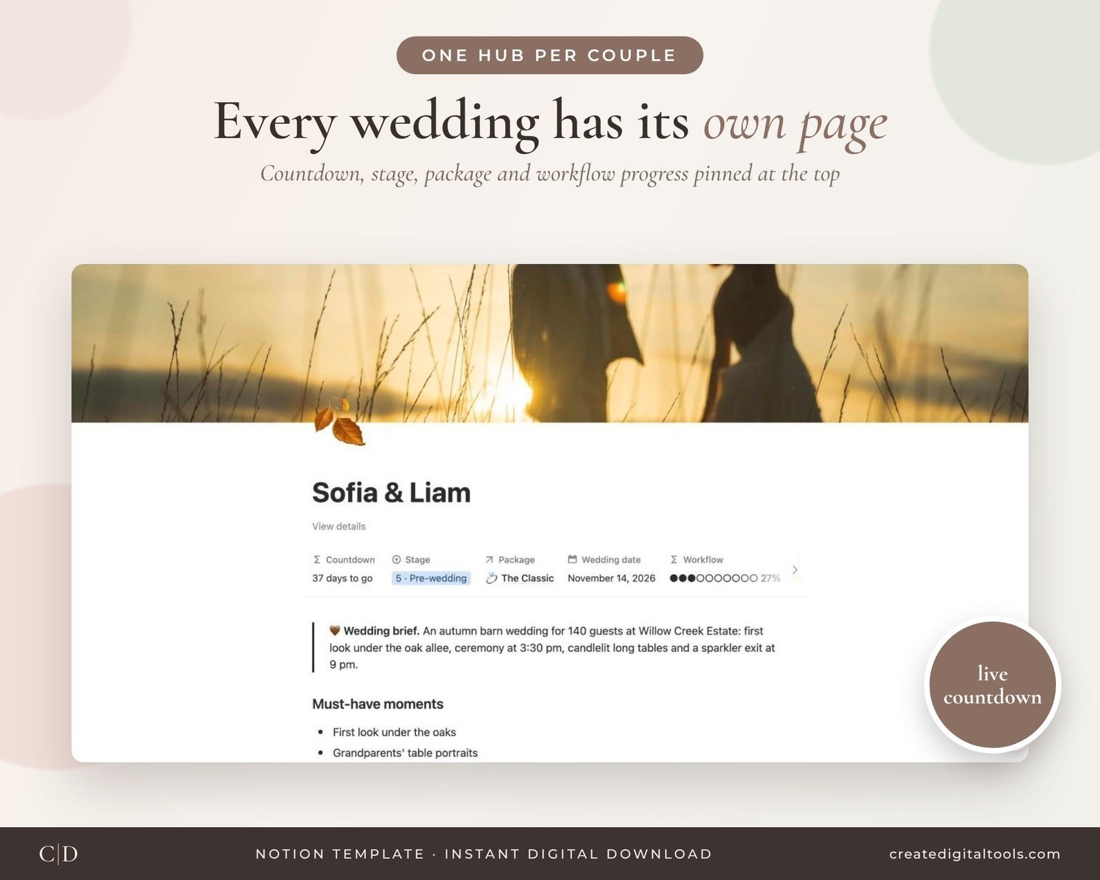 Couple hub page in the wedding photographer Notion template showing countdown and workflow