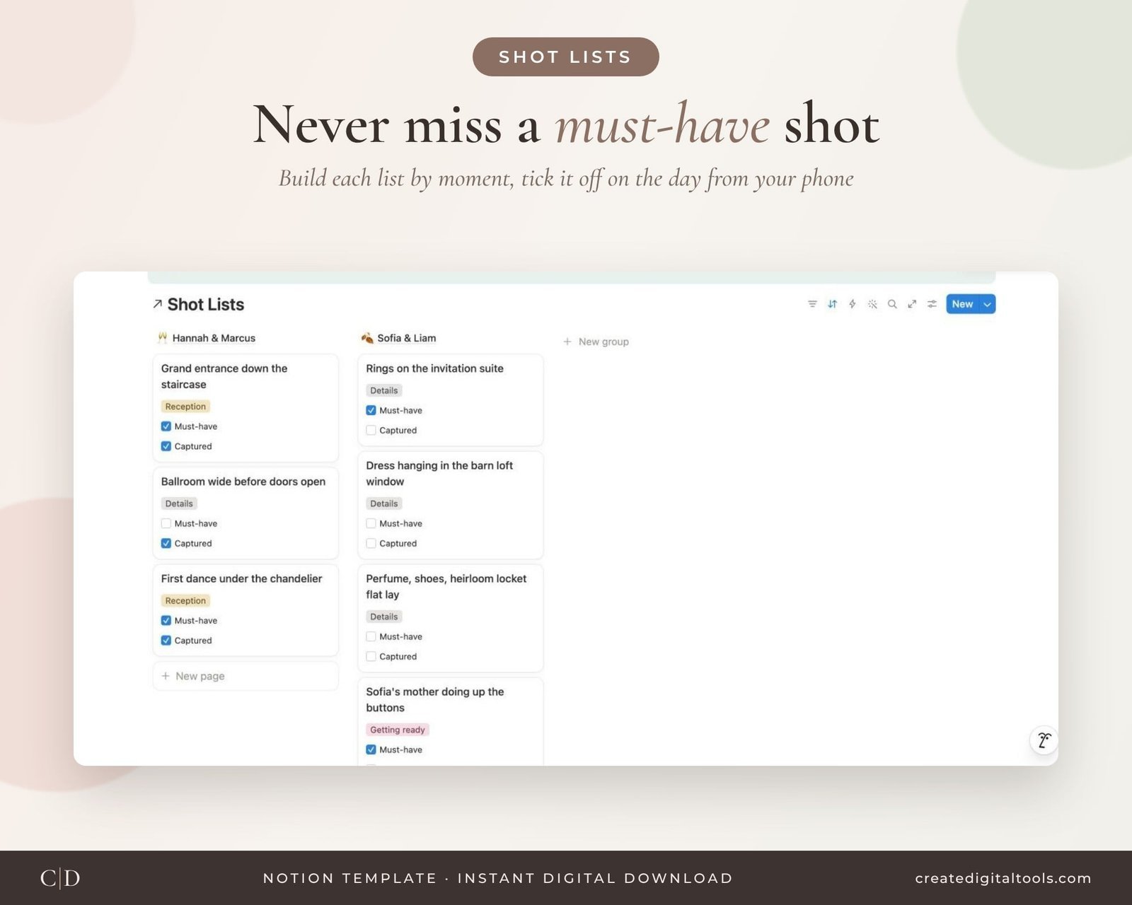 Wedding shot list by moment with must-have and captured checkboxes in Notion