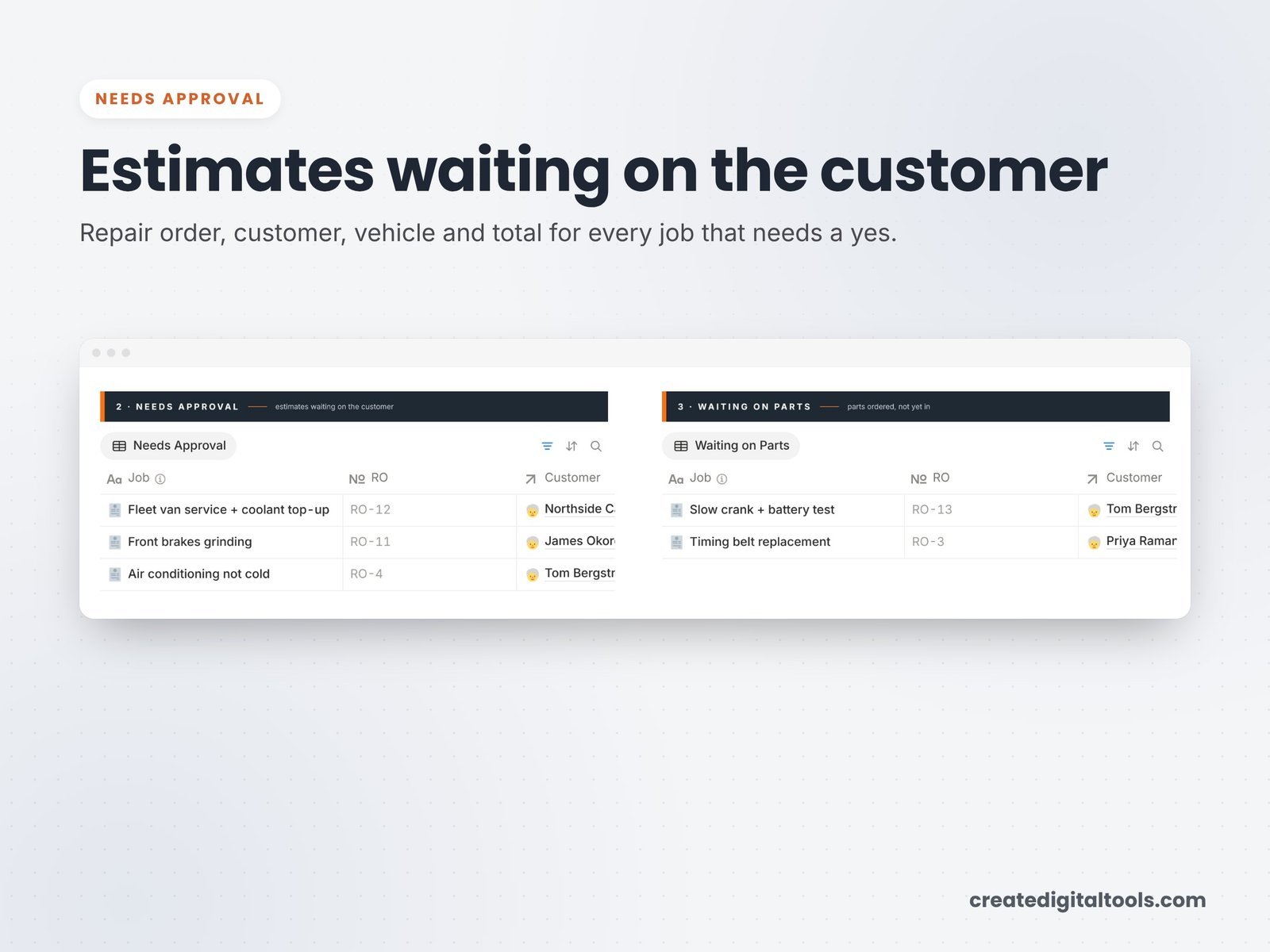 Needs Approval view in the auto repair Notion template listing estimates awaiting customer approval