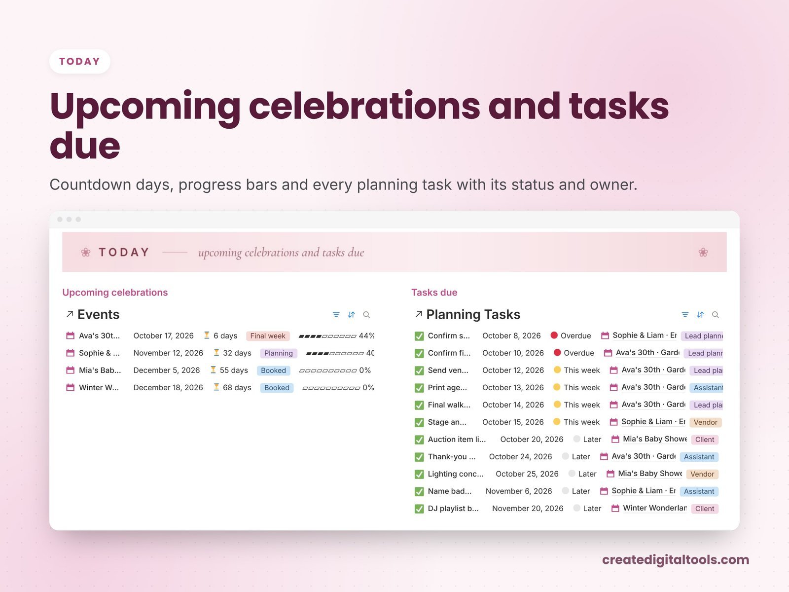 Today view in Bloom Event Studio showing upcoming celebrations and tasks due