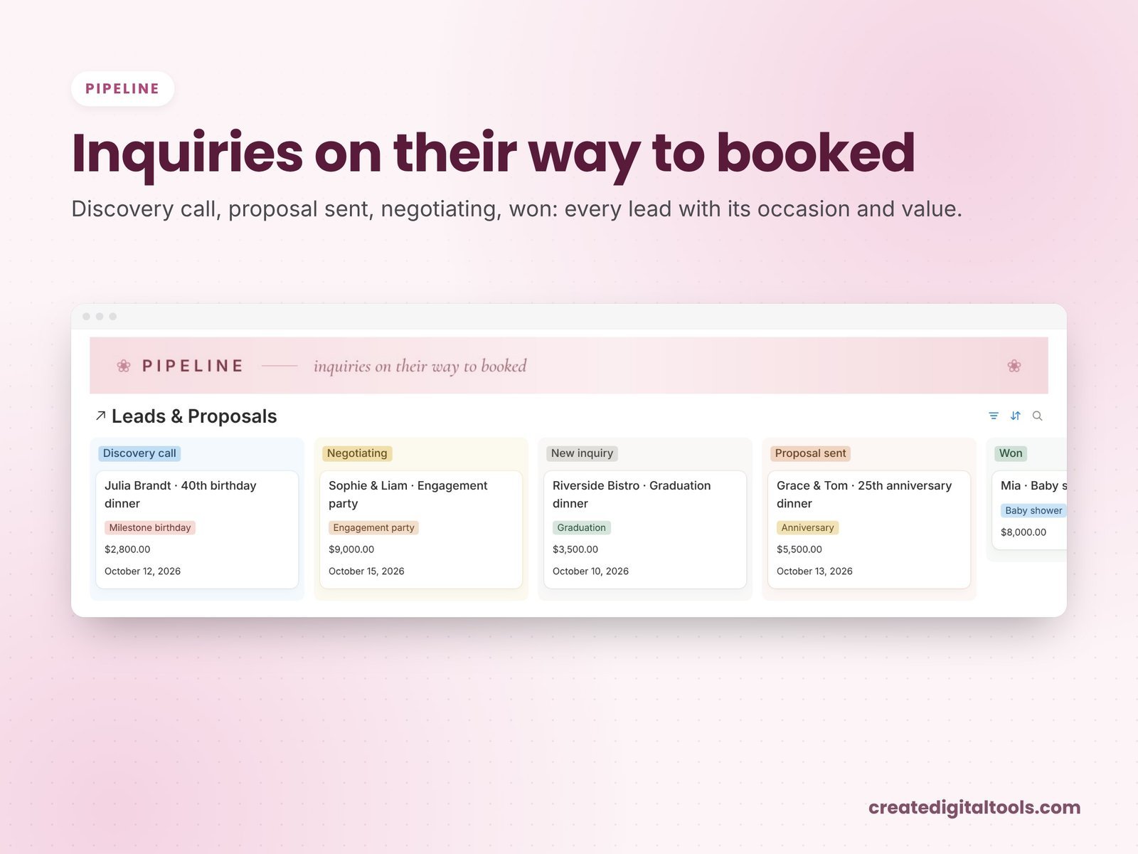 Lead pipeline board in the party planner Notion template