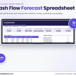Cash Flow Forecast spreadsheet dashboard on a laptop
