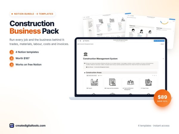 Construction Business Pack: 4 Notion Templates for Contractors and Builders preview