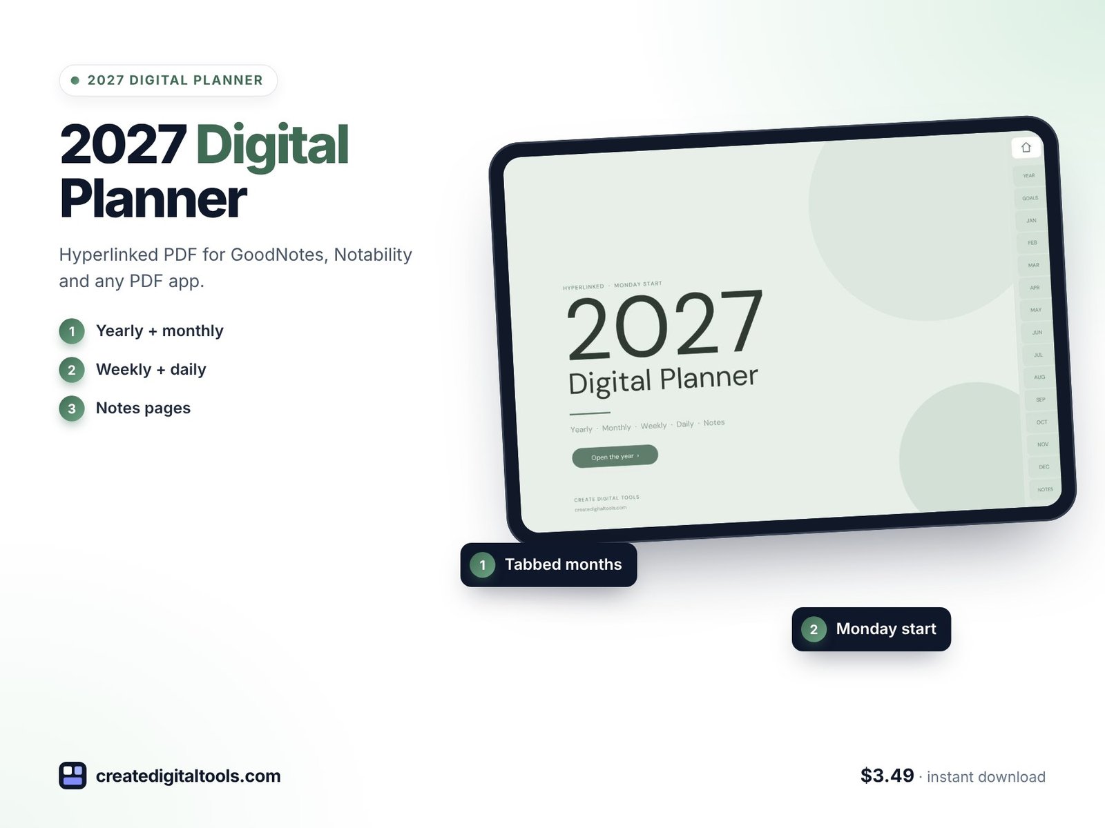 Hyperlinked digital planner 2027 in sage green for GoodNotes and Notability on iPad