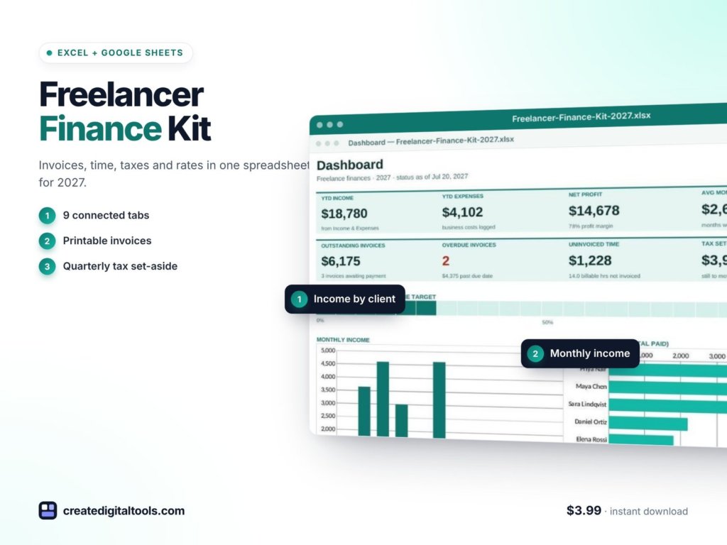 Freelance Income Tracker for Google Sheets and Excel