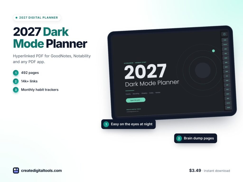 Dark Mode Digital Planner 2027 for Evening Planning