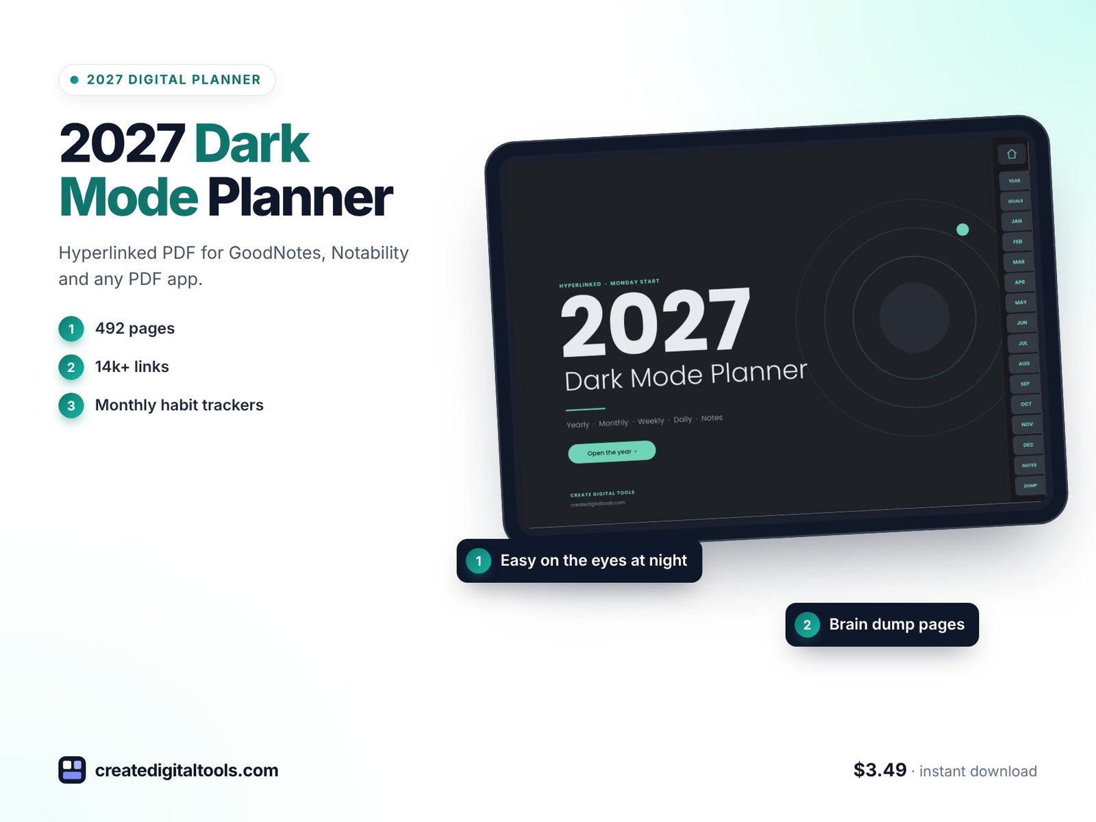 Dark mode digital planner 2027 with charcoal pages and mint details for GoodNotes
