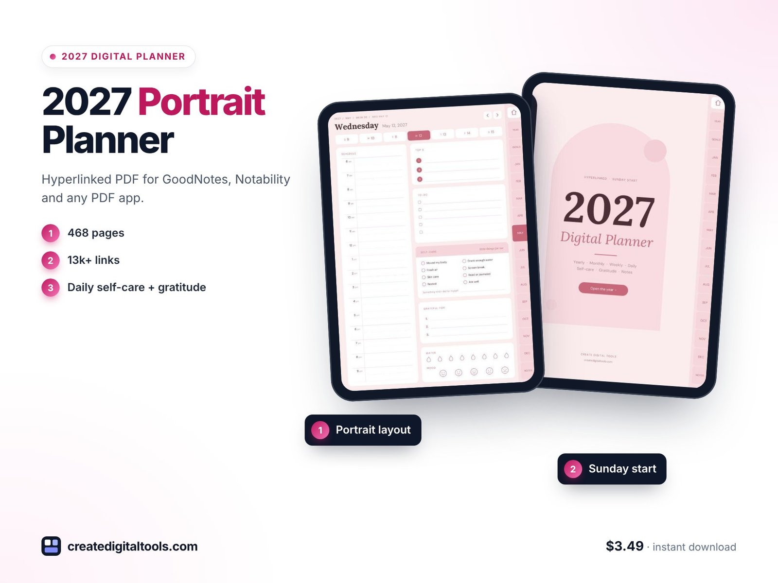 Portrait digital planner 2027 in blush pink for GoodNotes and Notability on iPad