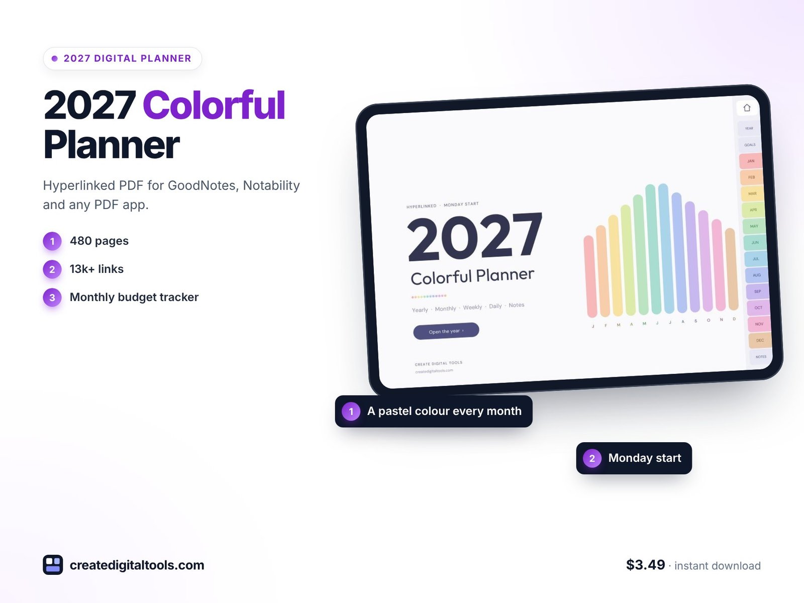Colorful digital planner 2027 in pastel rainbow for GoodNotes and Notability
