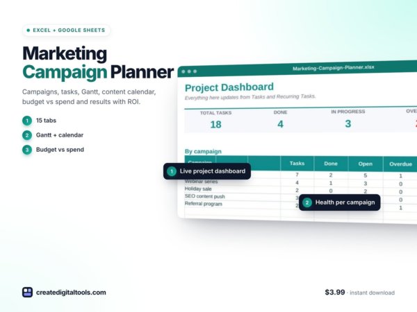 Marketing Campaign Planner Spreadsheet (Excel & Google Sheets) preview