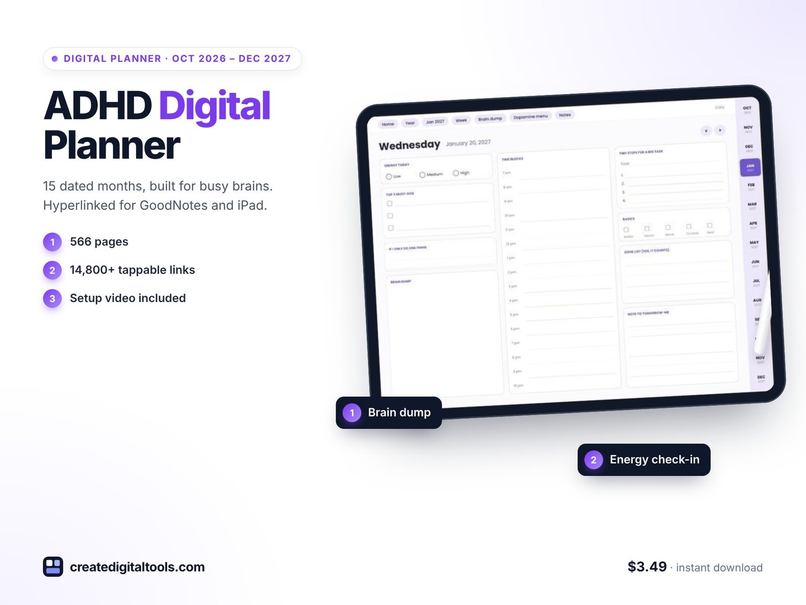 ADHD digital planner for GoodNotes 2026-2027 hyperlinked iPad planner