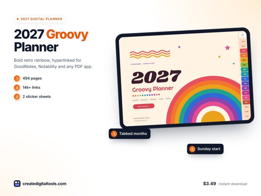 Retro Digital Planner 2027: Groovy Sunset Landscape
