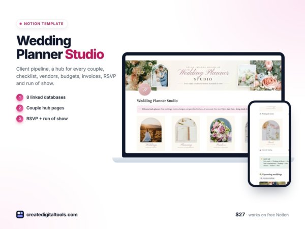 Wedding Planner Studio – Notion Template for Wedding Planners (Client CRM, Vendors, Budget, RSVP, Run of Show) preview