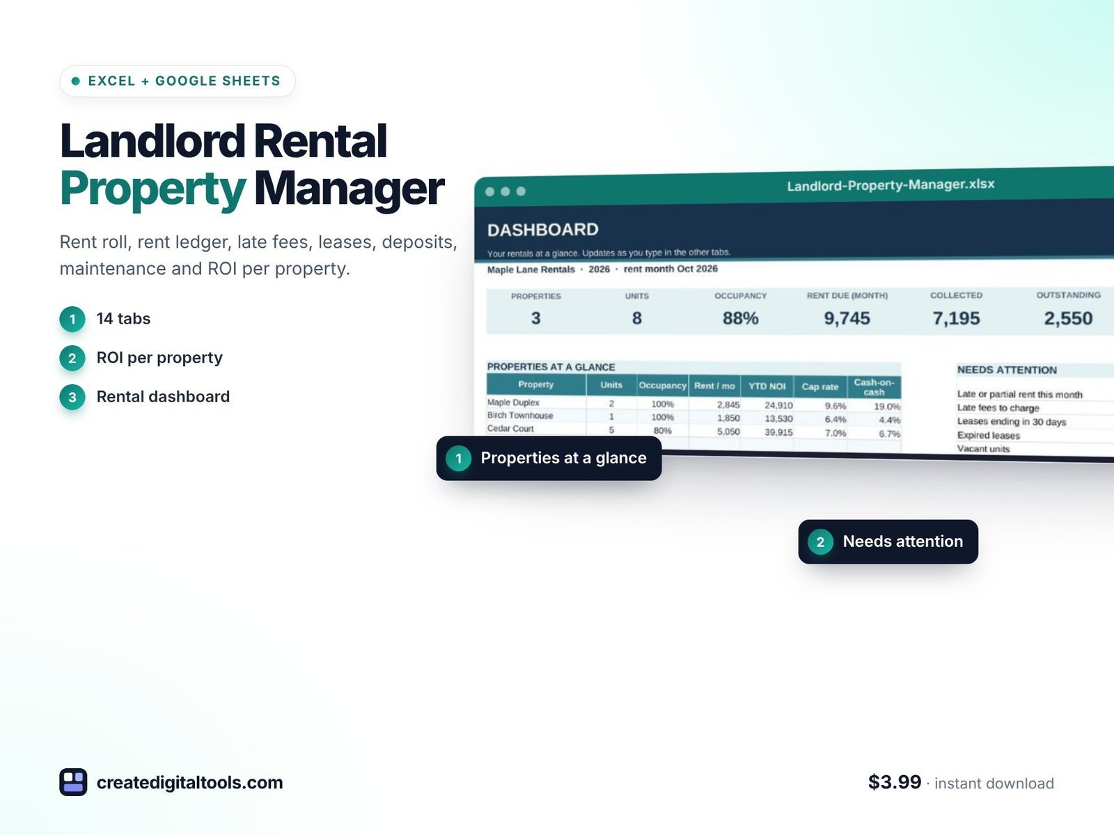 Landlord rental property manager spreadsheet for Excel and Google Sheets