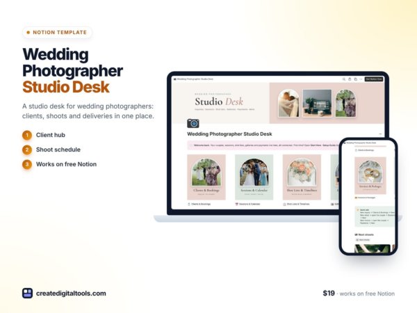 Wedding Photographer Studio Desk – Notion Template for Wedding Photographers (Client CRM, Shot Lists, Galleries, Invoices, Mini Sessions) preview