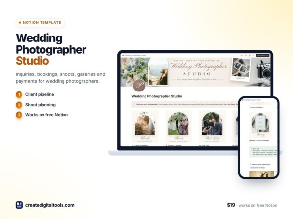Wedding Photographer Studio – Notion Template for Wedding Photographers (Client CRM, Workflow, Shot Lists, Gallery Delivery, Mini Sessions) preview