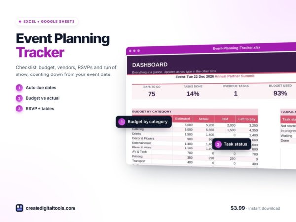 Event Planning Tracker Spreadsheet: Checklist, Budget, Vendors, Guest List & Seating (Excel + Google Sheets) preview