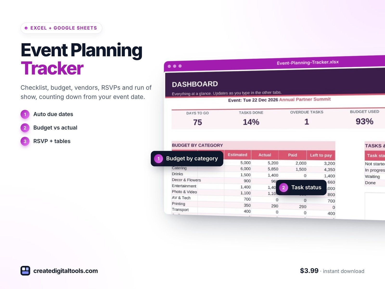 Event planning spreadsheet for Excel and Google Sheets with checklist, budget, vendors and guest list
