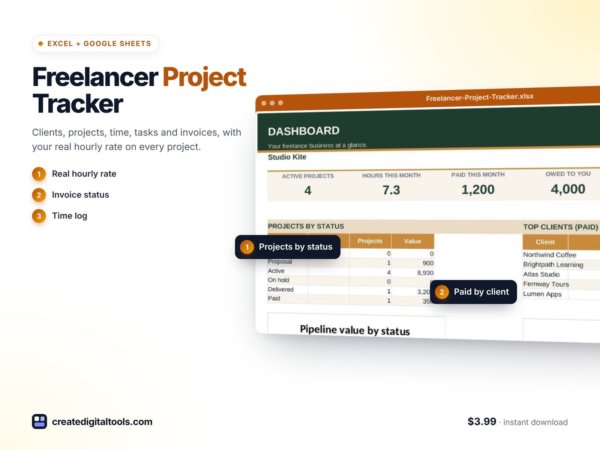 Freelancer Project Tracker Spreadsheet: Clients, Time Log, Invoices & Real Hourly Rate (Excel + Google Sheets) preview