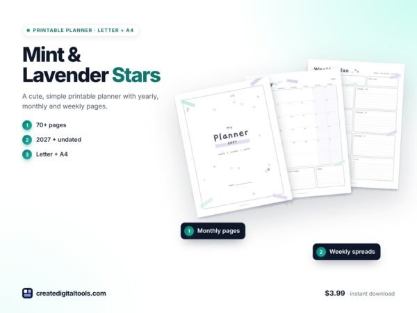 Cute Simple Planner · Mint & Lavender Stars – Printable Weekly, Monthly & Yearly Planner (2027 + Undated, Letter + A4) preview