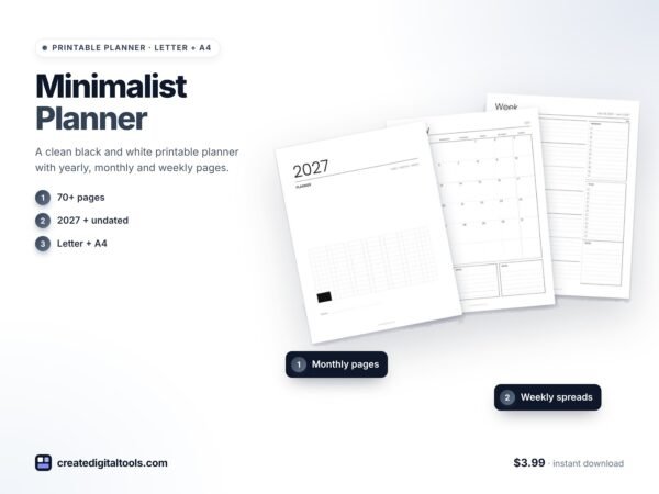 Minimalist Black & White Planner – Printable Weekly, Monthly & Yearly Planner + Time Block (2027 + Undated, Letter + A4) preview