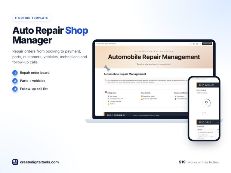 Auto Repair Shop Management Template in Notion