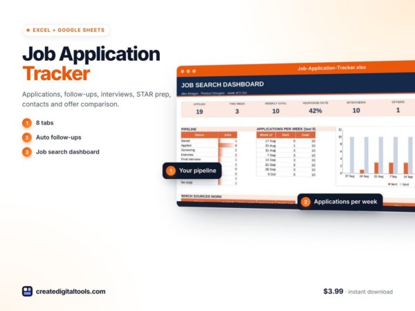 Job Application Tracker + Interview Prep (Excel + Google Sheets) preview