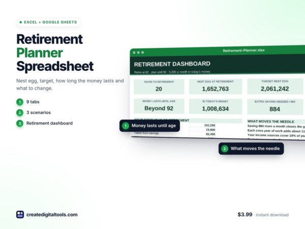 Retirement Planner Spreadsheet (Excel + Google Sheets) preview