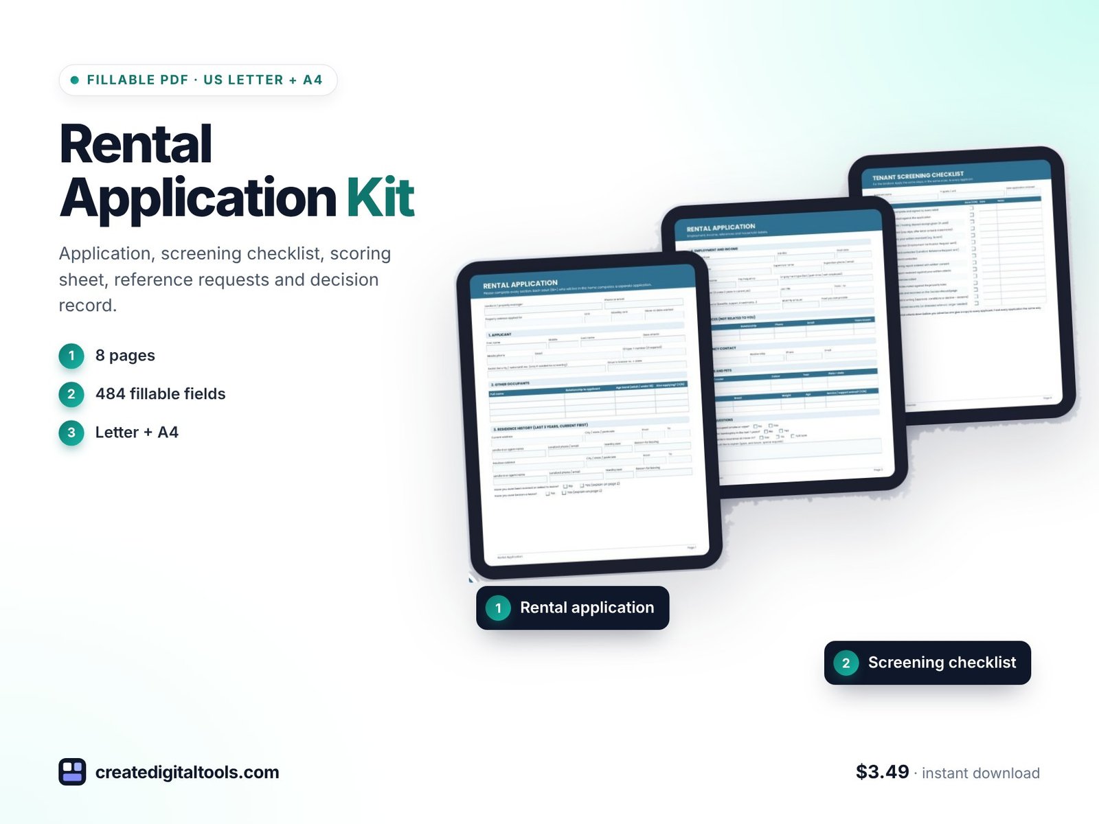 Fillable rental application PDF kit for landlords in Letter and A4