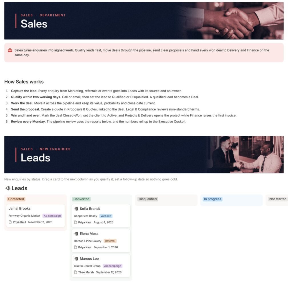 Company OS 2.0 Sales page in Notion, real screenshot with sample data