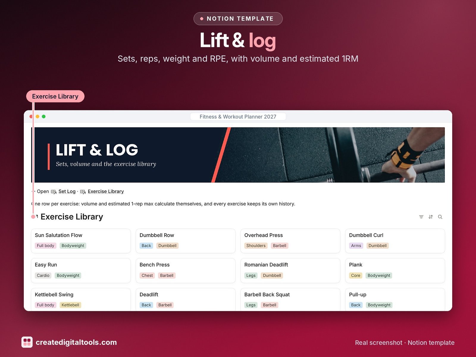 Fitness & Workout Planner 2027 Notion template: Lift log