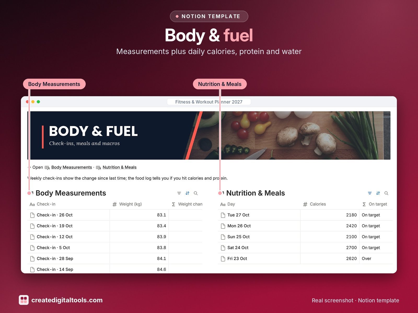 Fitness & Workout Planner 2027 Notion template: Body fuel