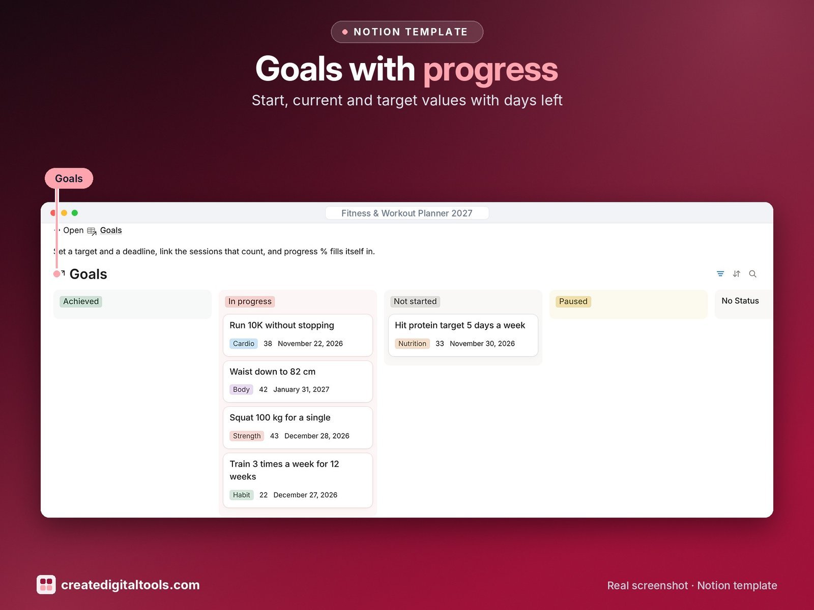 Fitness & Workout Planner 2027 Notion template: Goals with progress