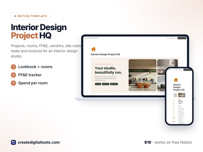 Interior Design Notion Template: Rooms, FF&E, Budgets