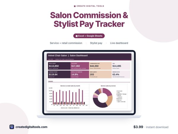 Salon Commission & Stylist Pay Tracker (Excel + Google Sheets)