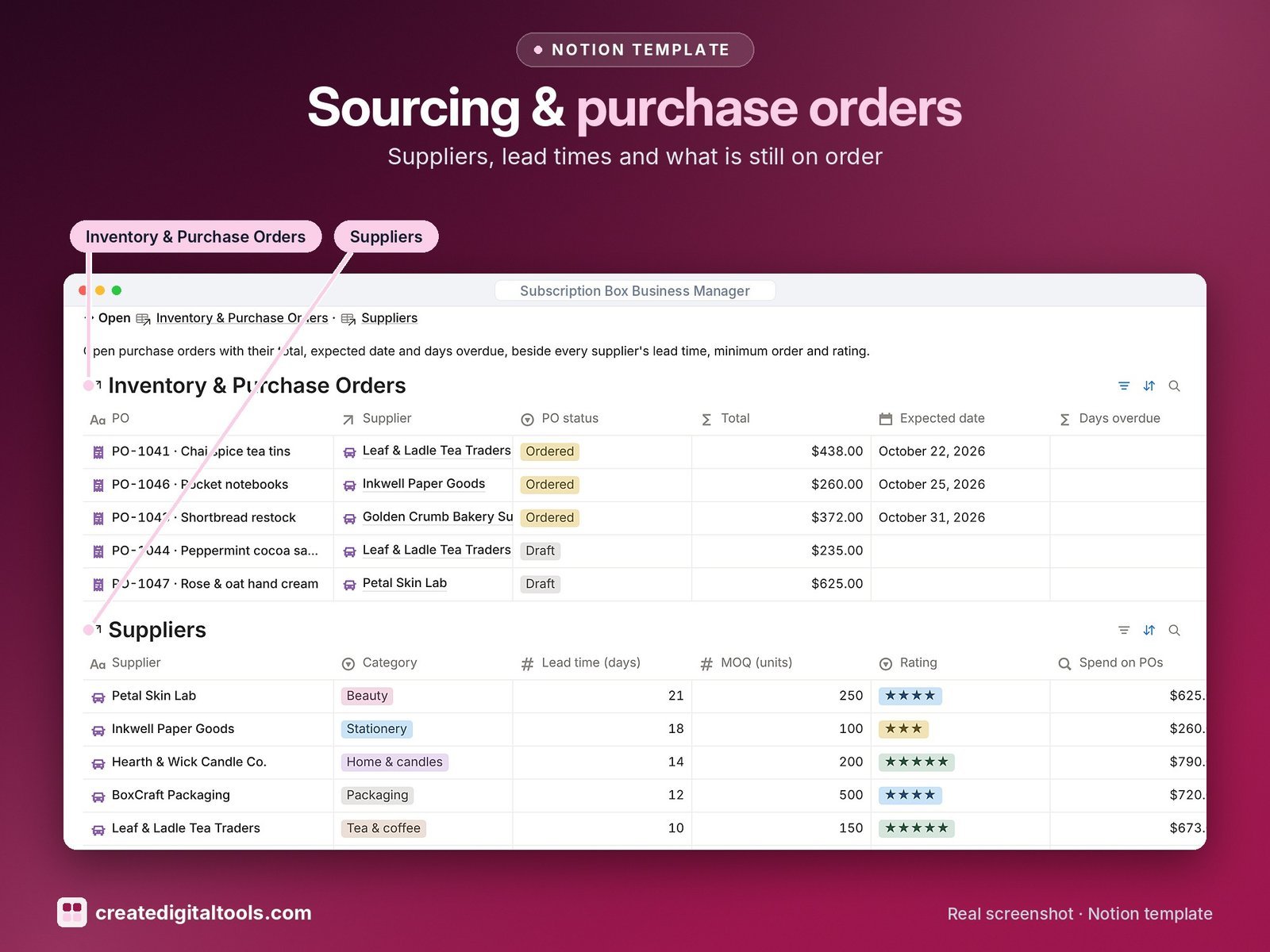 Subscription Box Business Manager Notion template: Sourcing purchase orders