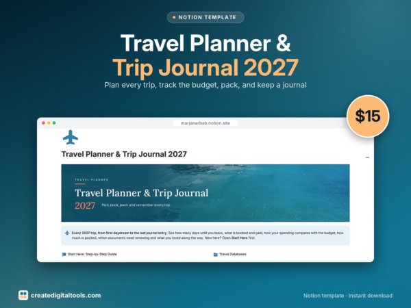 Travel Planner & Trip Journal 2027 Notion template: Hero