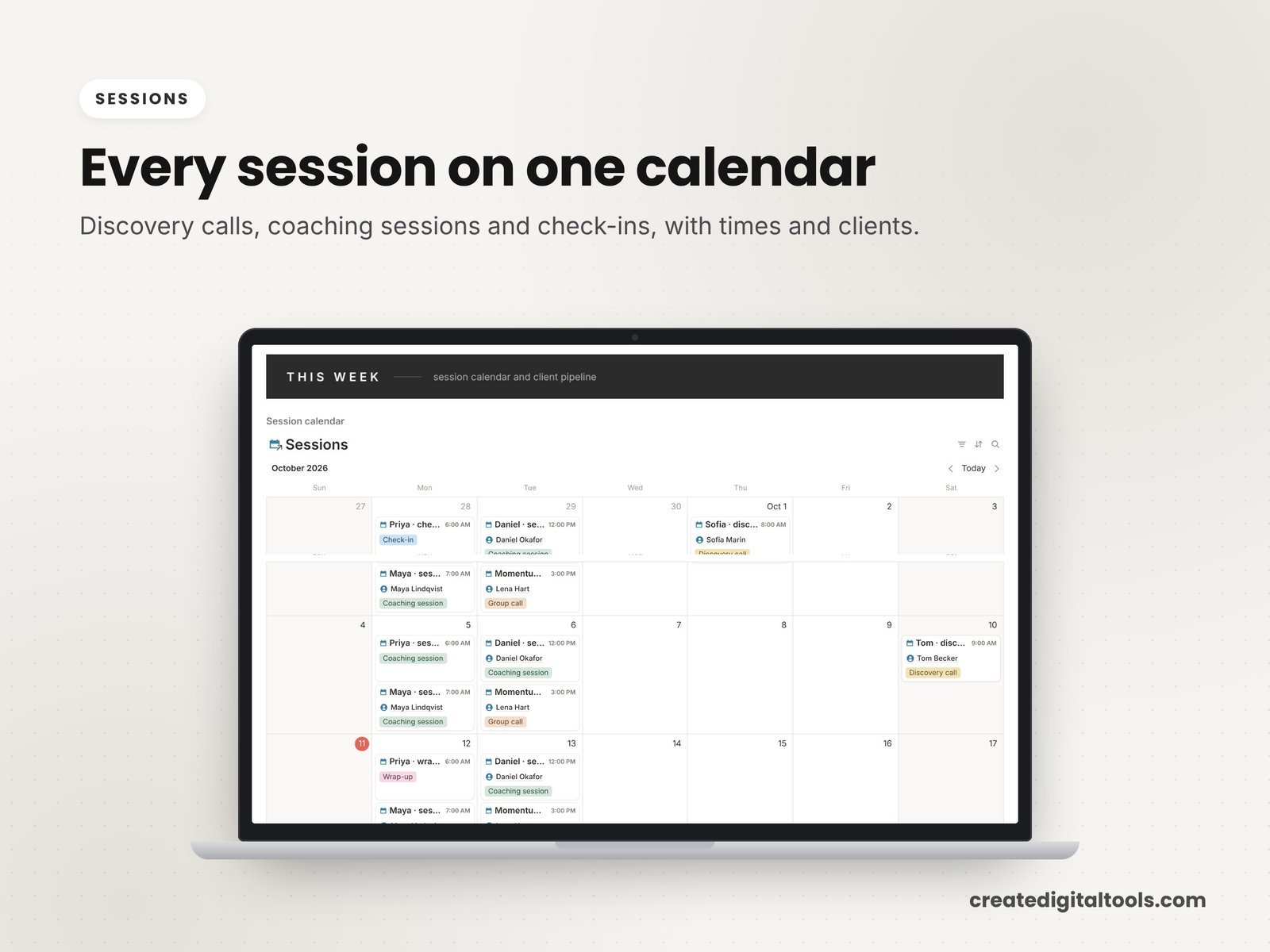 Session log and calendar in the coaching Notion template