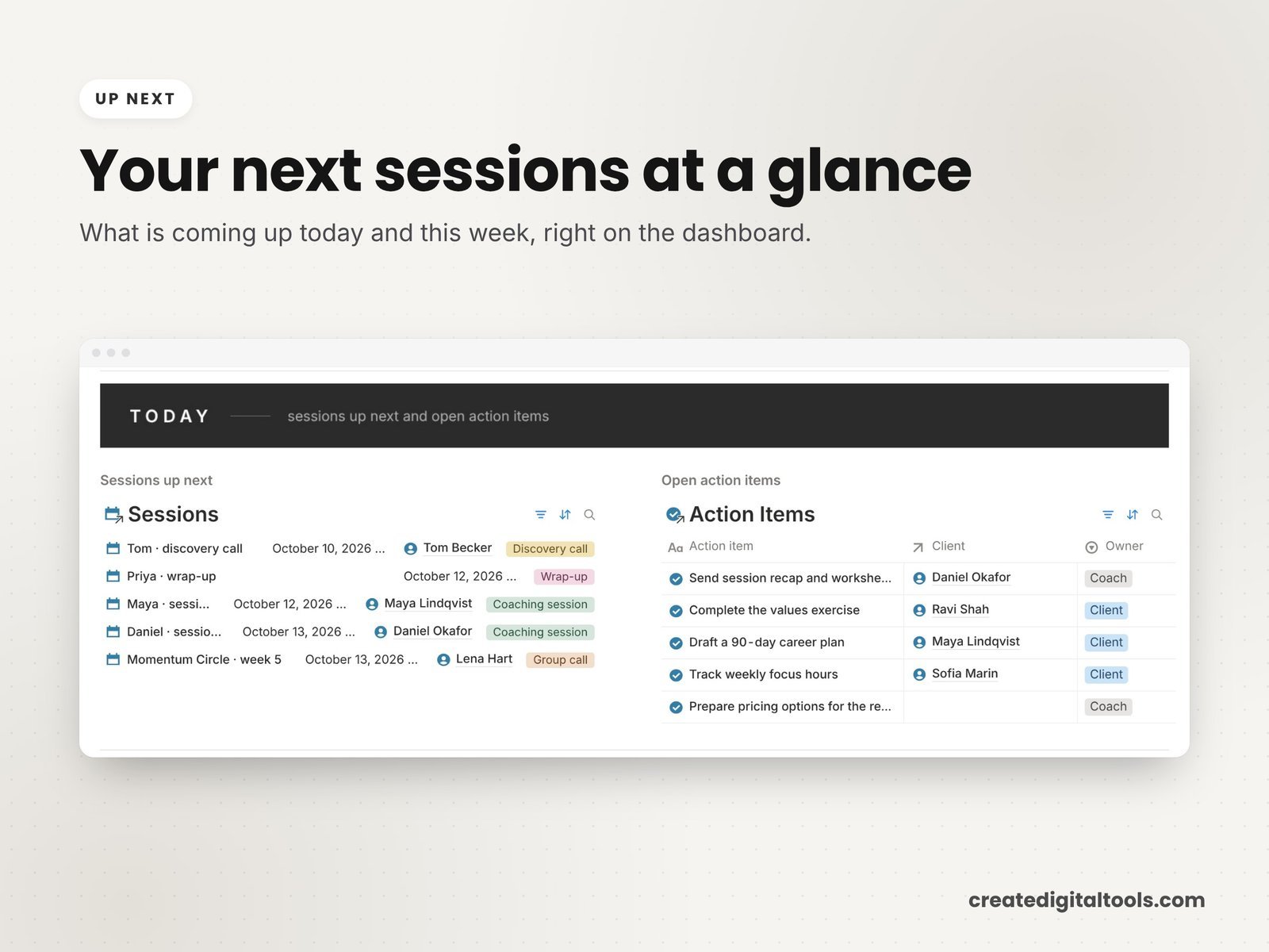Coaching Notion template dashboard with upcoming sessions and client health flags