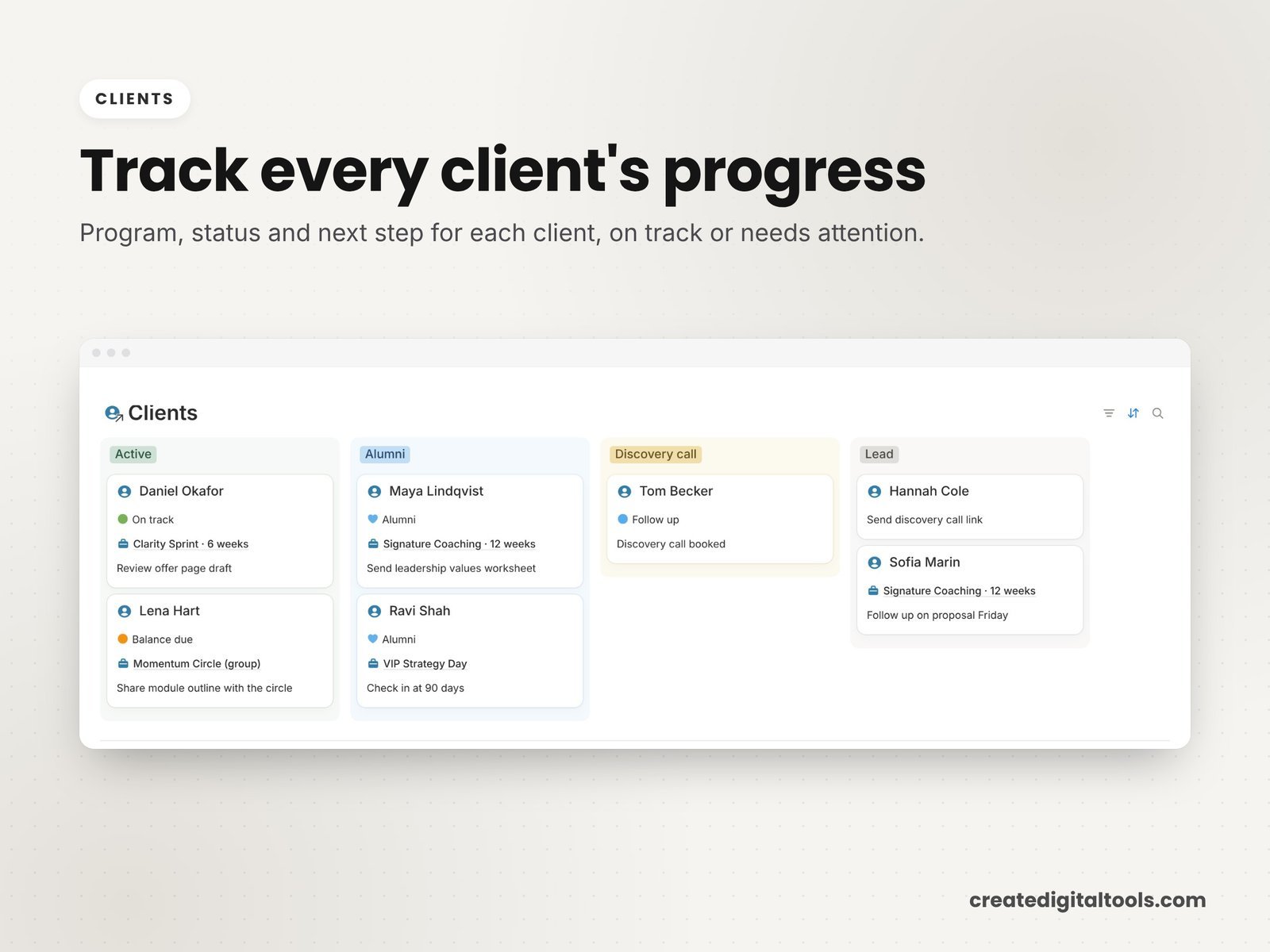 Client pipeline in Coaching Studio OS with package progress bars