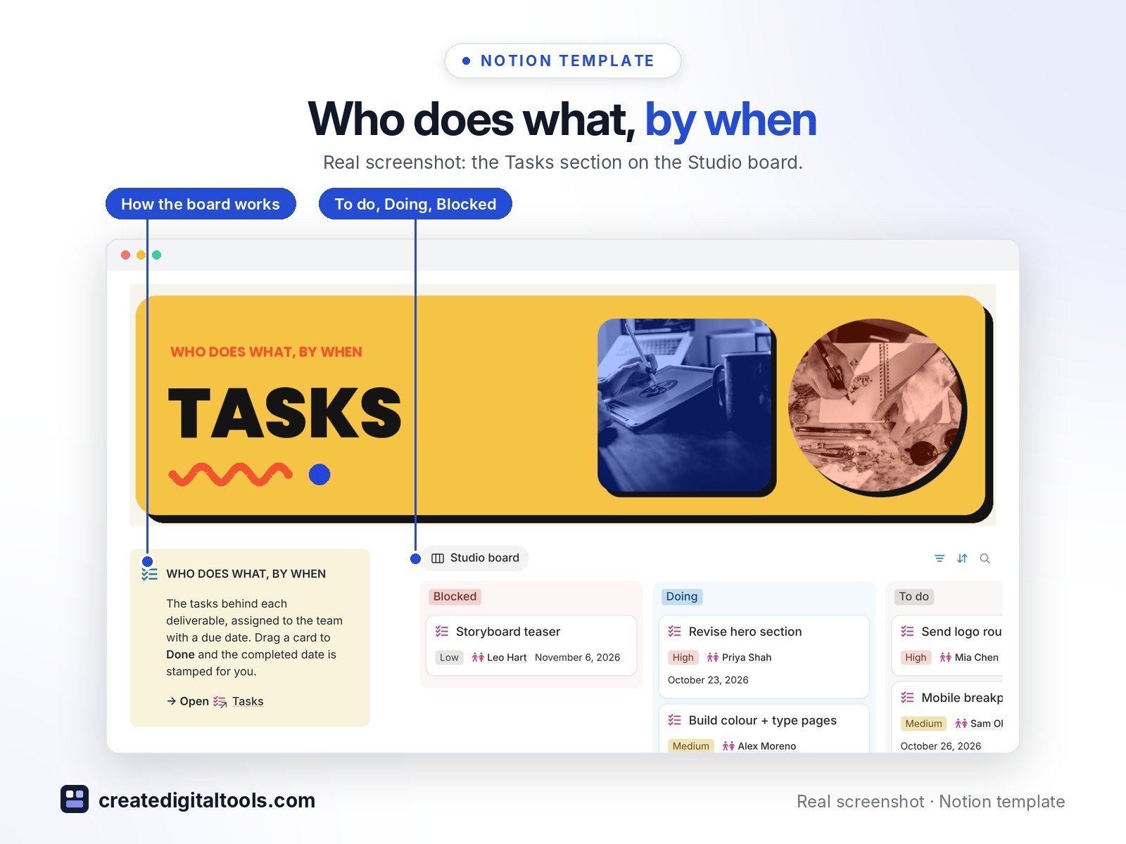 Creative Agency OS 2.0 Notion template: Who does what, by when. Real screenshot: the Tasks section on the Studio board.