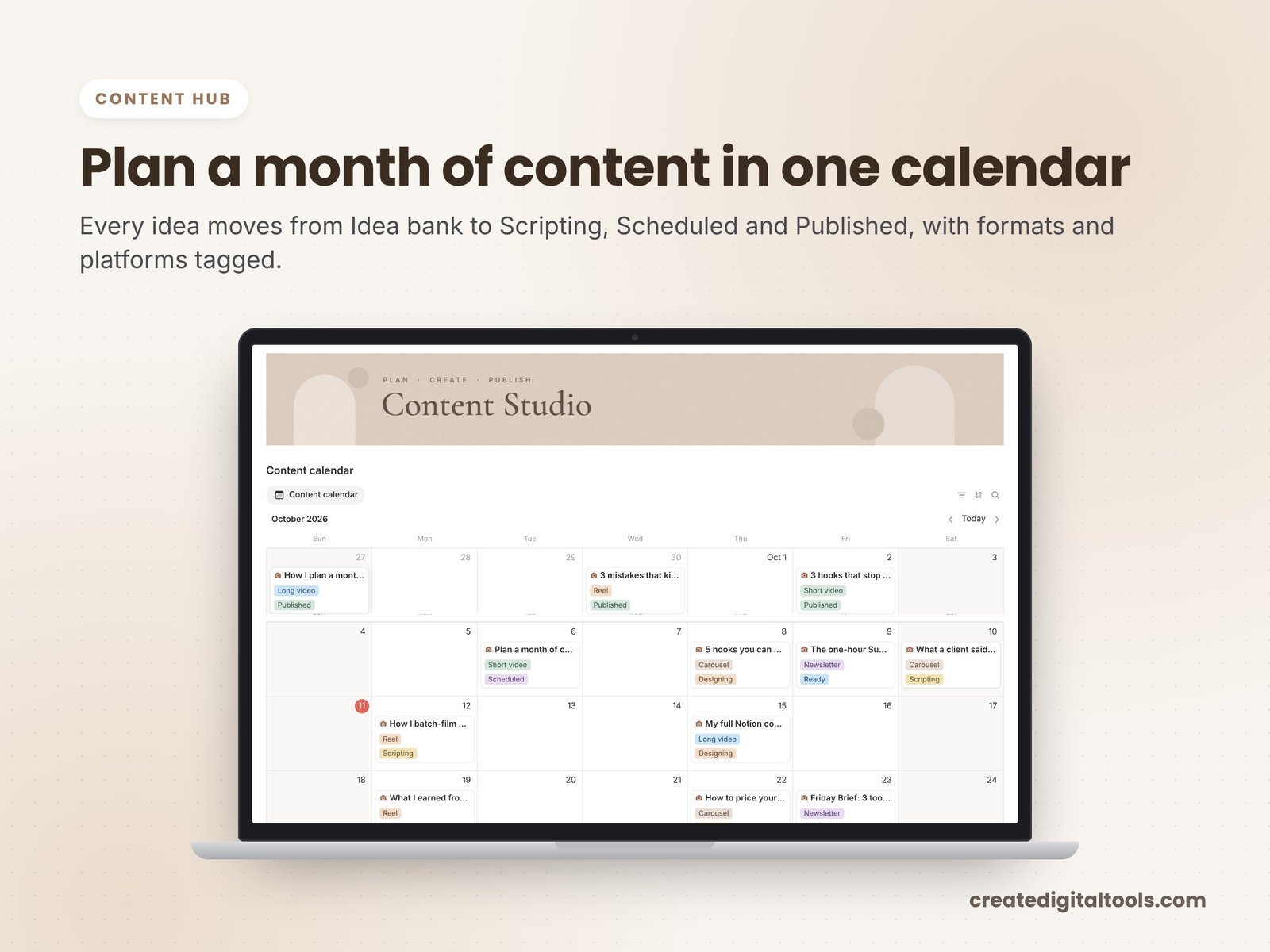 Content creator Notion template content hub with calendar and idea bank
