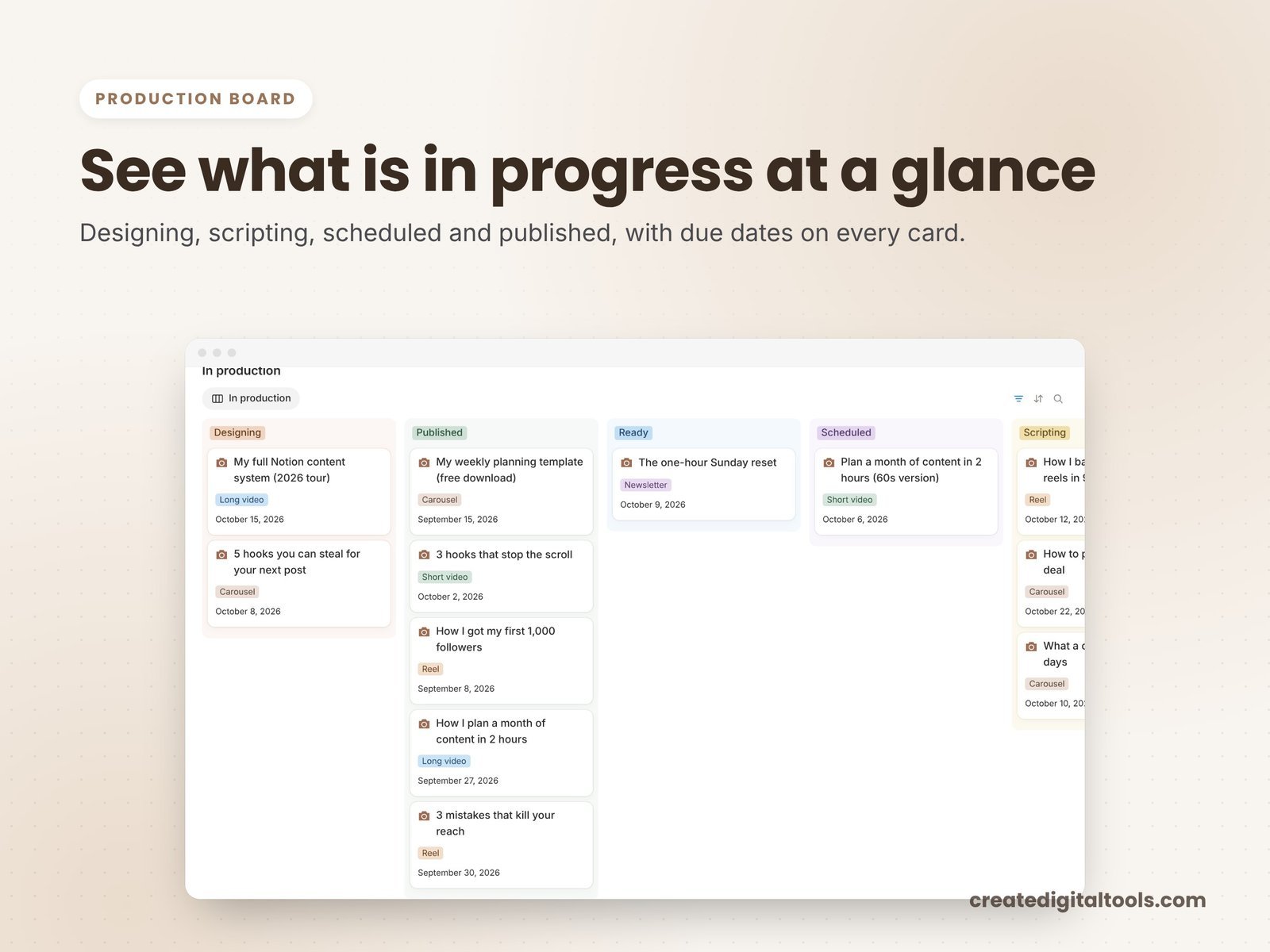 Production board in Creator Studio OS 2027 for planning videos and posts