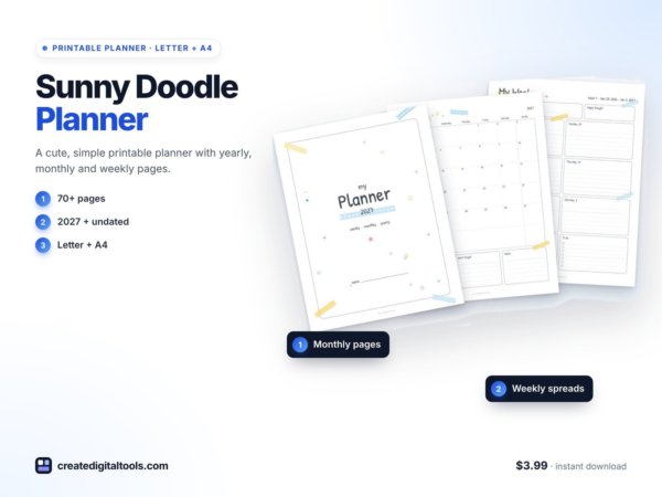 Cute Simple Planner · Sunny Doodle – Printable Weekly, Monthly & Yearly Planner + Mood Tracker (2027 + Undated, Letter + A4)