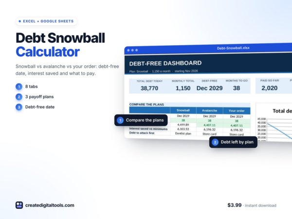 Debt Snowball & Avalanche Calculator (Excel + Google Sheets) – product image