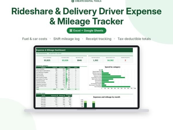 Rideshare & Delivery Driver Expense & Mileage Tracker spreadsheet cover