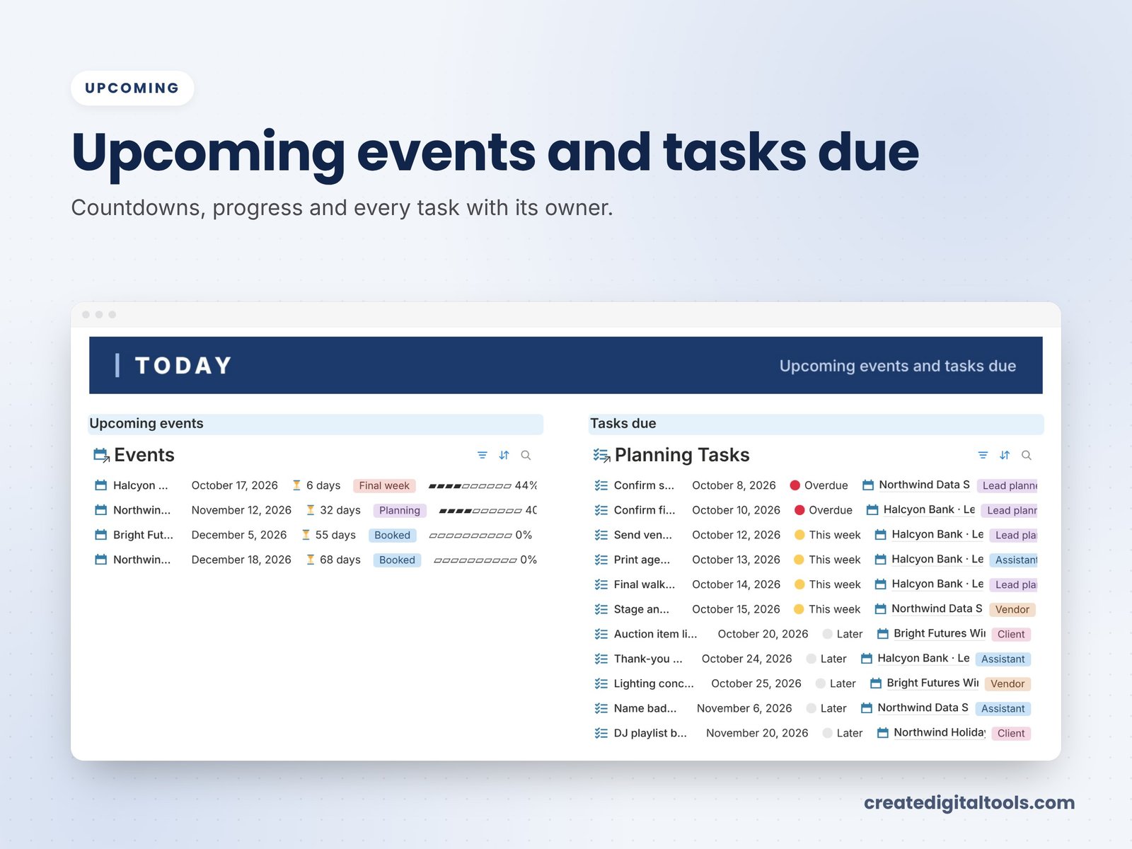 Upcoming events in Event Planning Studio OS with countdown and prep progress
