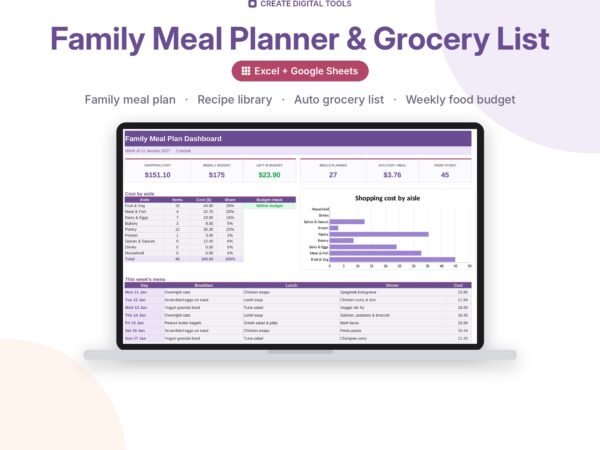 Family Meal Planner & Grocery List spreadsheet cover